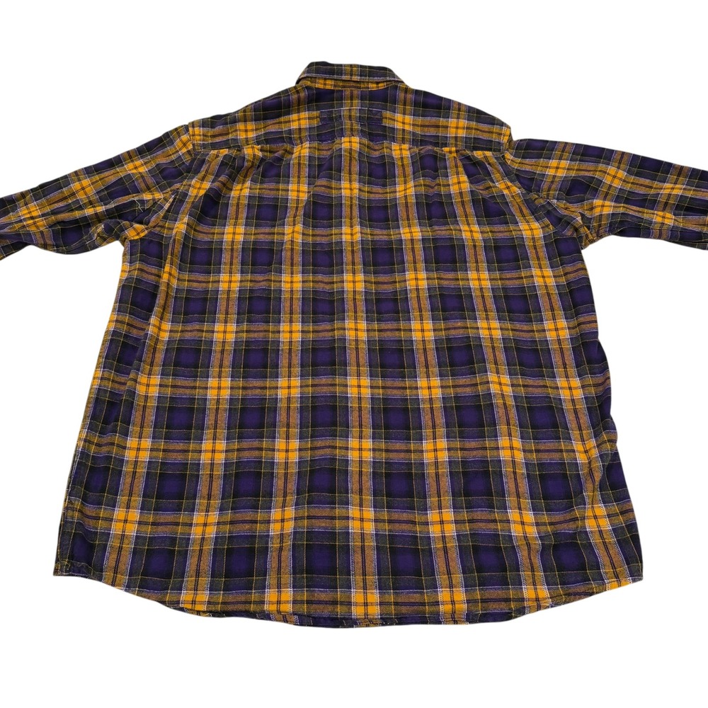 Duluth Trading Men L Tall Relaxed Fit Flannel Shirt Purple Yellow Plaid Cotton - Picture 3 of 7